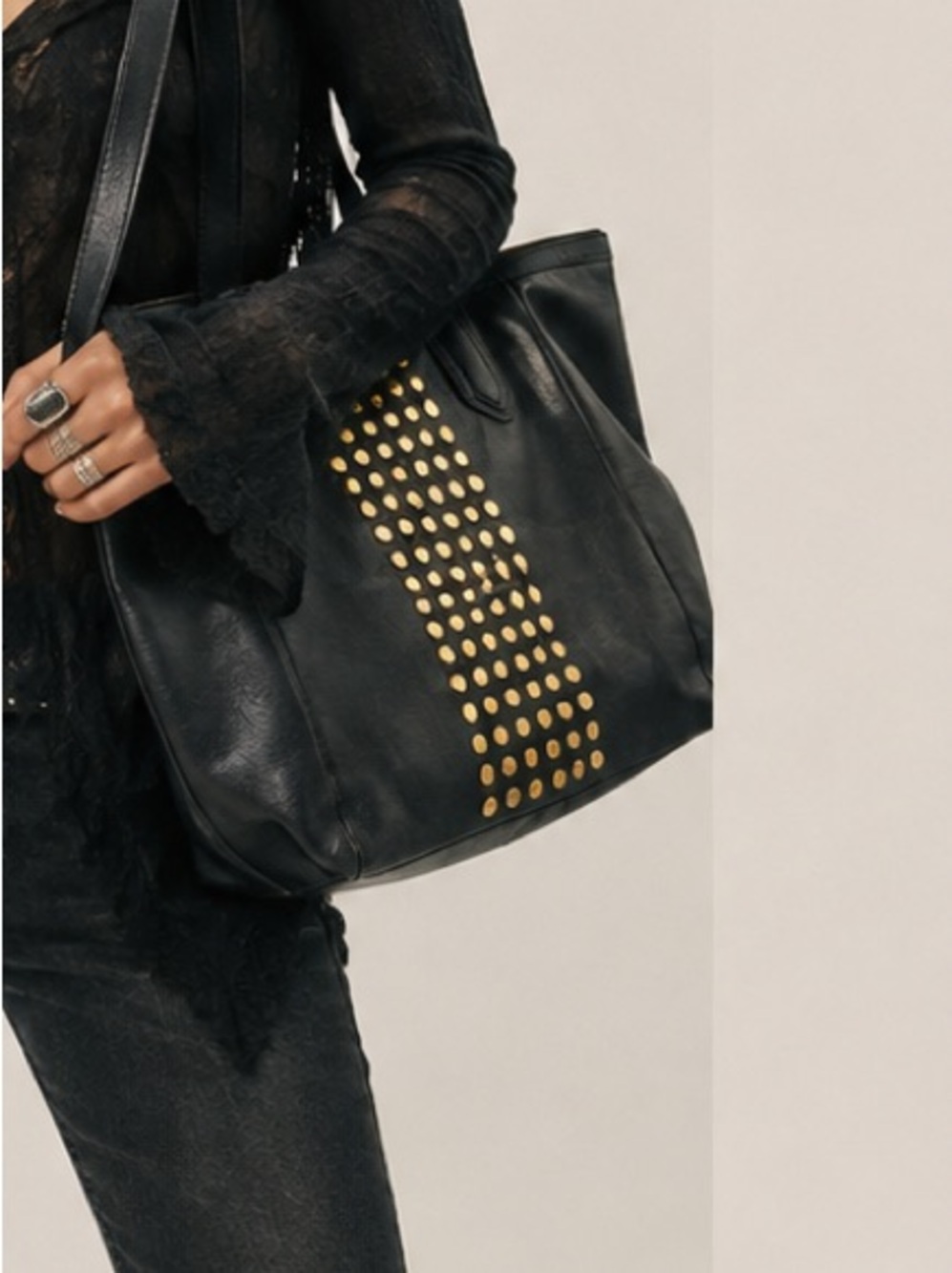 Fossil Black Leather Indie Sleaze 2010’s Edgy Boho Tote with Gold Stud Panel